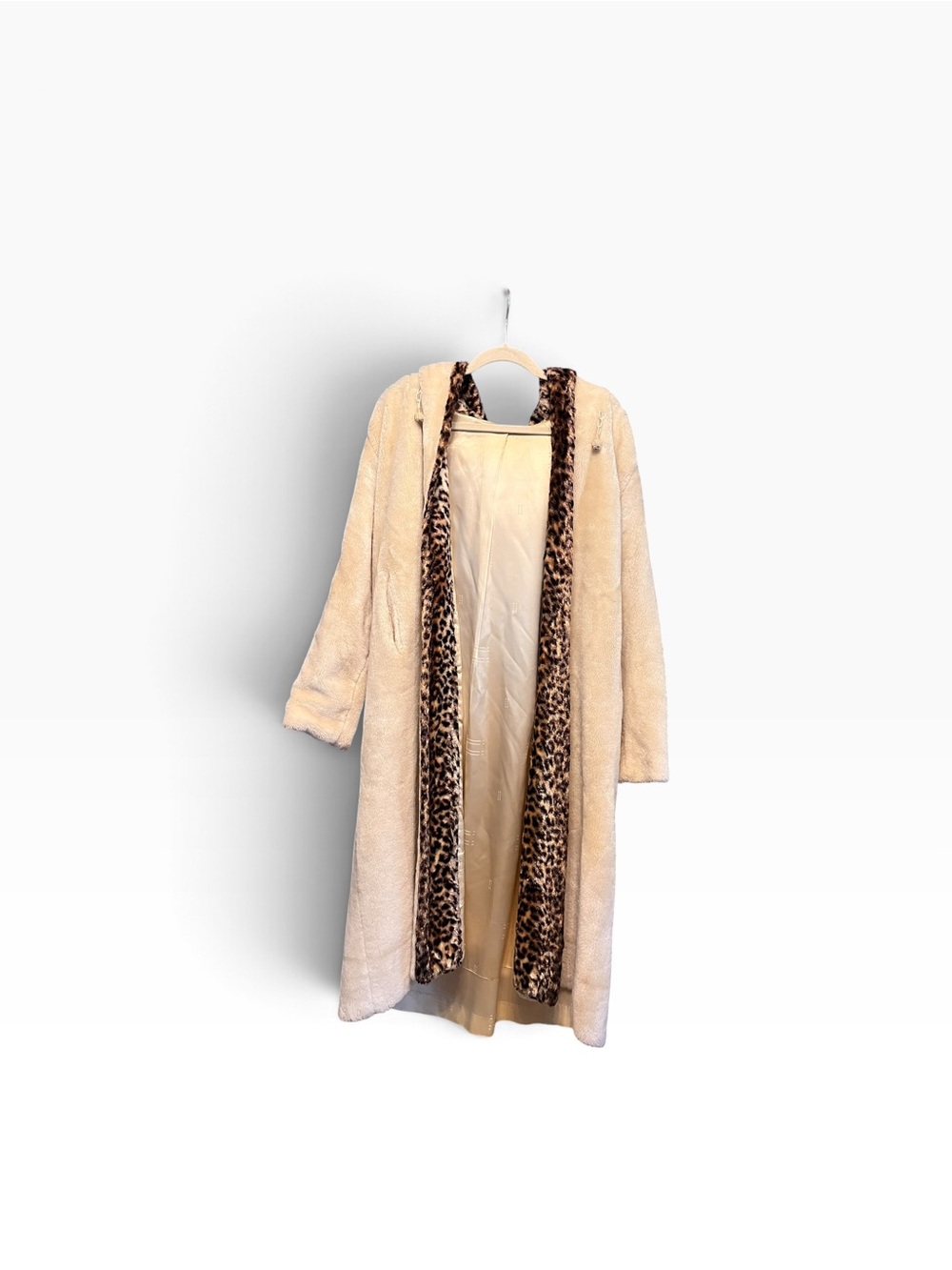 Vintage 1950s 1960s Cream Faux Fur Plush Long Hooded Coat Leopard Lining ILGWU